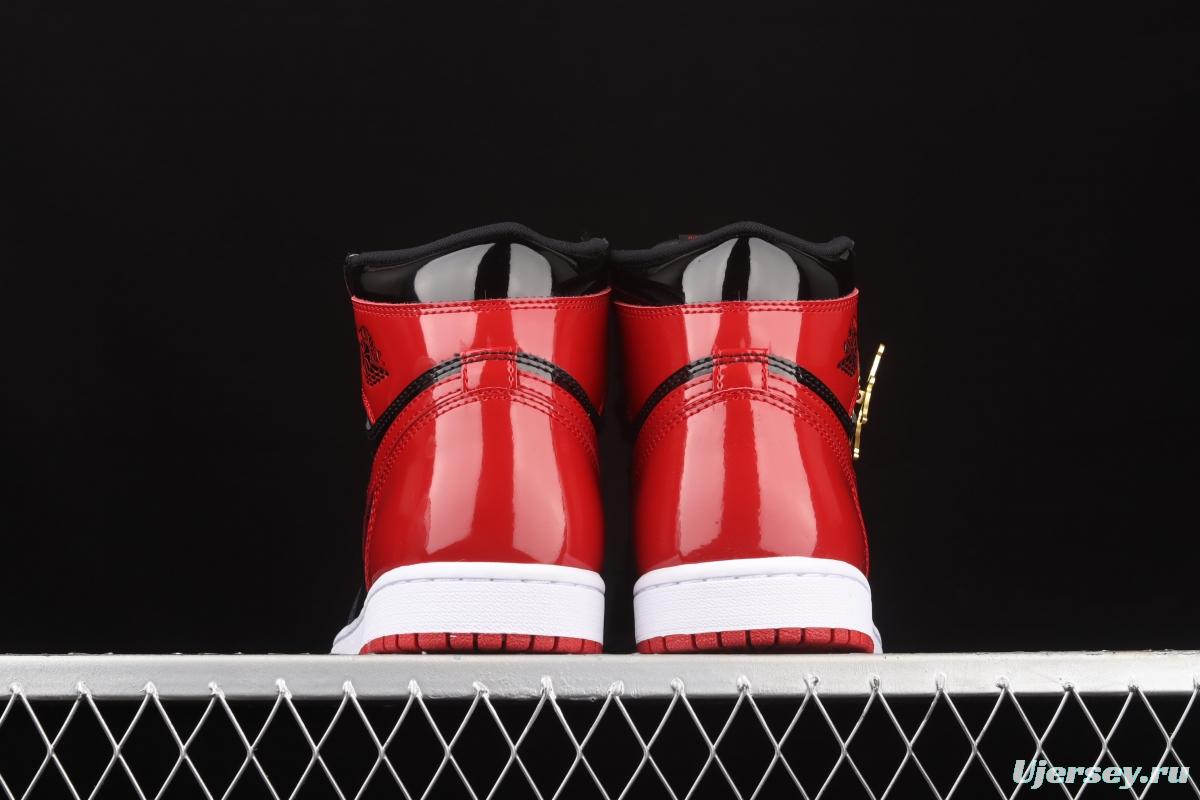 Air Jordan 1 High OG Bred Patent lacquered leather black and red high top basketball shoes 555088-063