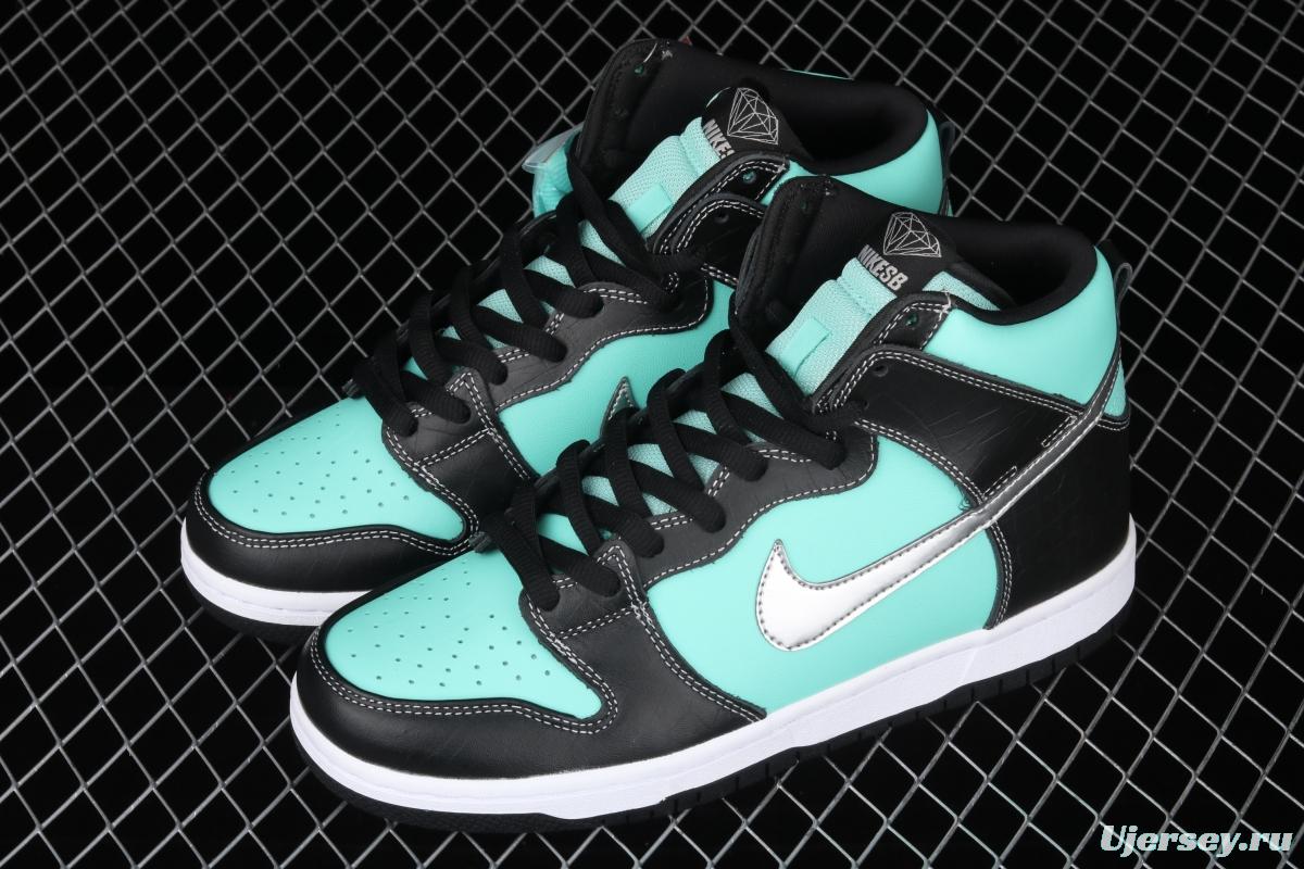 NIKE SB x Diamond DUNK Hi Tiffany joint name ice blue high top casual skateboard shoes 653599-400