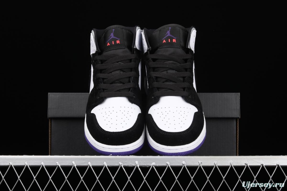 Air Jordan 1 Mid GS black, white and purple Zhongbang basketball shoes BQ6931-105