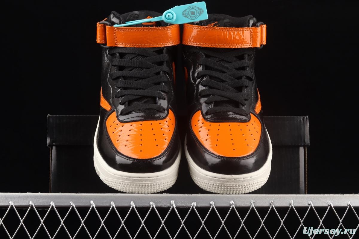 NIKE Air Force 1o07 Mid lacquered leather black orange color counterhook Zhongbang casual board shoes 804609-188
