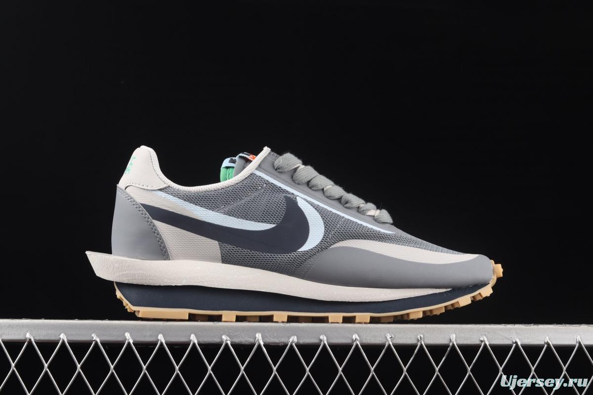 Clot x Sacai x NIKE LDWaffle Cool Grey gray and blue deconstruction tripartite joint name waffle double hook catwalk style casual shoes DH3114-001