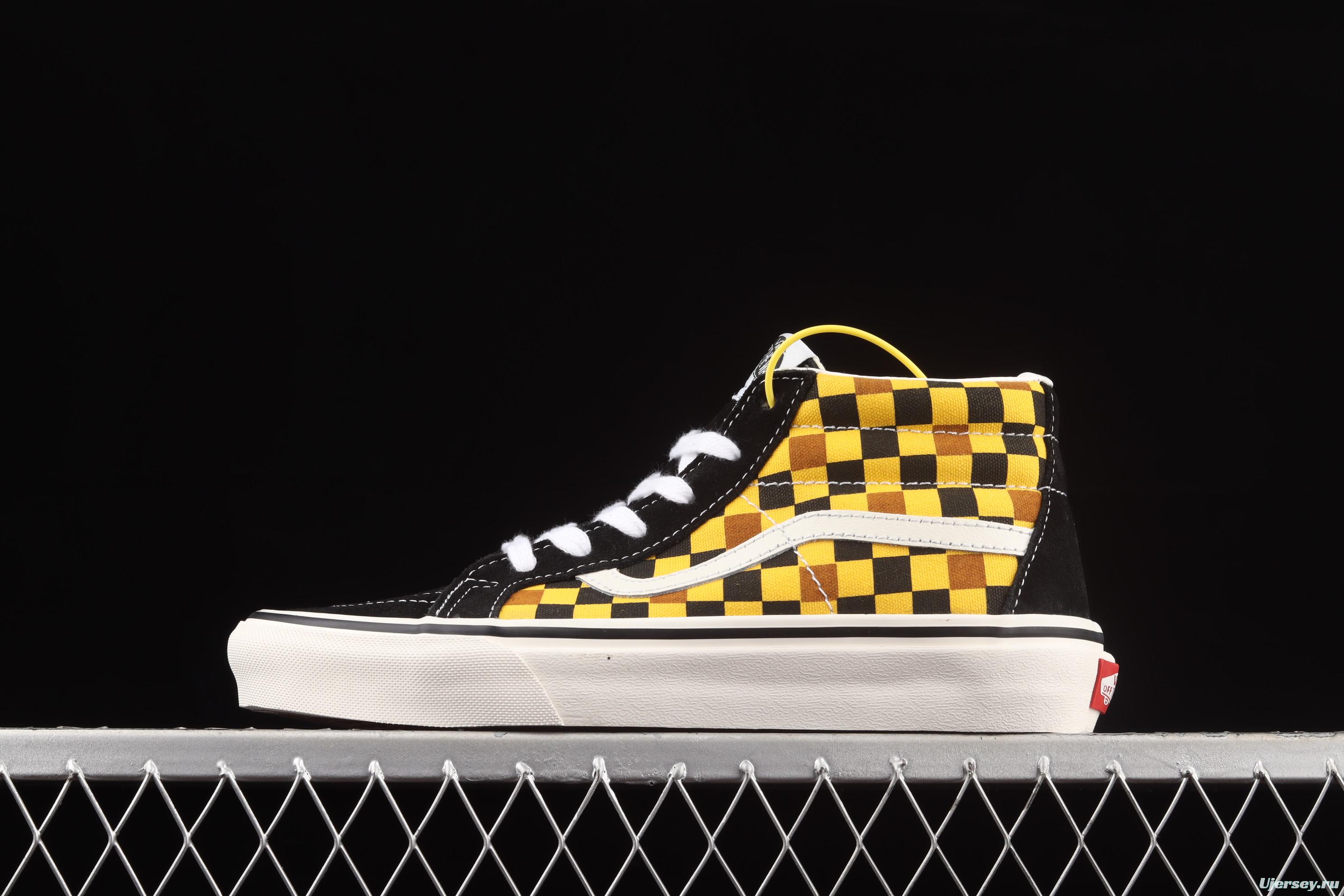 Vans Sk8-Mid Vance black, blue, orange and yellow plaid casual board shoes VN0A3WM3SW1