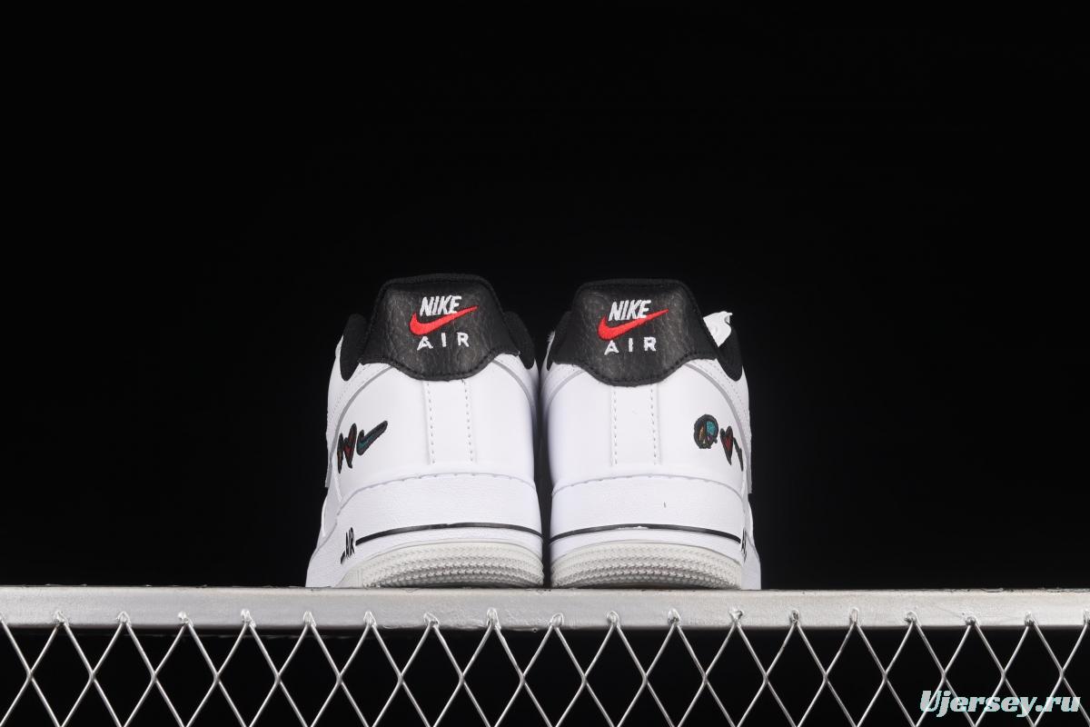 NIKE Air Force 11607 Low Peace Love Swoosh white and black graphic printed low-top casual board shoes DM8148-100