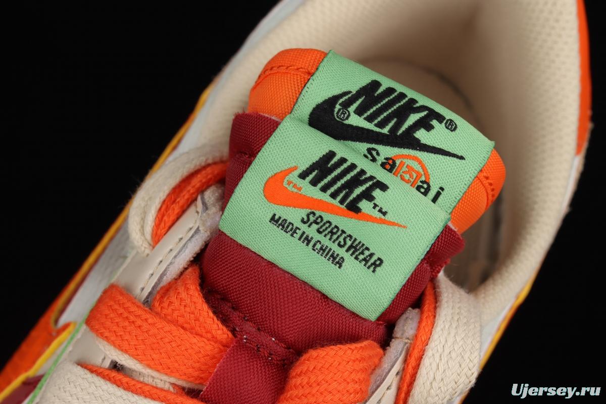 CLOT x Sacai x NIKE LDWaffle Net Orange Blaze joint overlapping design avant-garde waffle deformation rice orange color match casual jogging shoes DH1347-100