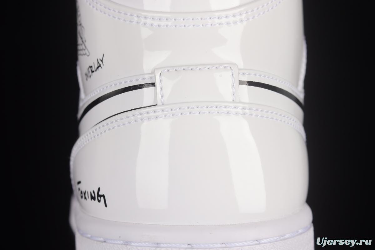 Air Jordan 1 Mid GS Schematic White Graffiti Zhongbang Basketball Shoes DQ1864-100