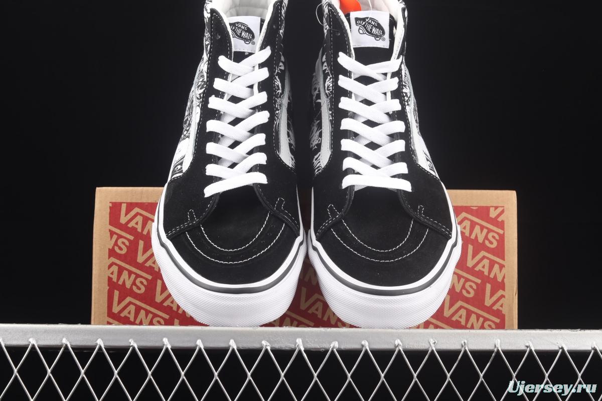 Vans Sk8-Hi Slim black and white skull printed high upper canvas casual shoes VN0A4BV6V8V