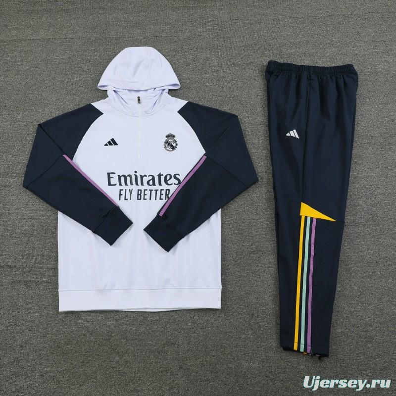 23/24 Real Madrid White Hoodie Half Zipper Jacket+ Pants