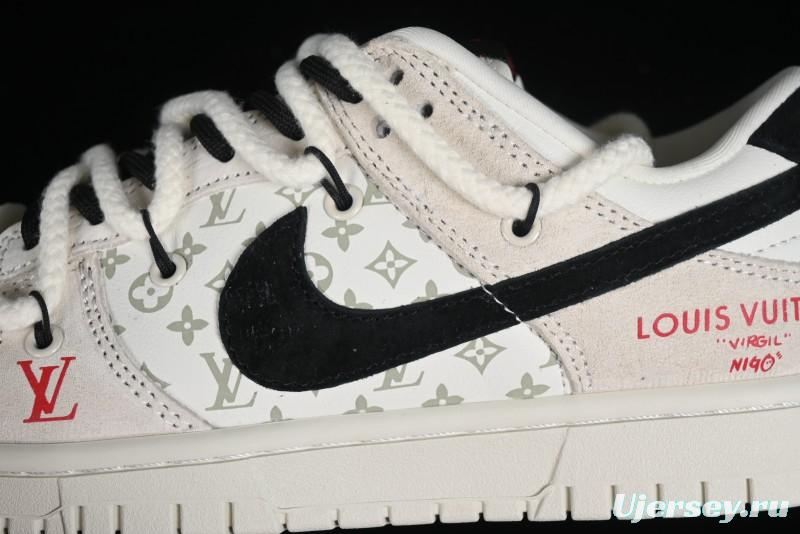Nike SB Dunk Low LV Collaboration Anniversary Customized Sneakers in Off-White Black Swoosh Triple Floral - SJ2068-235