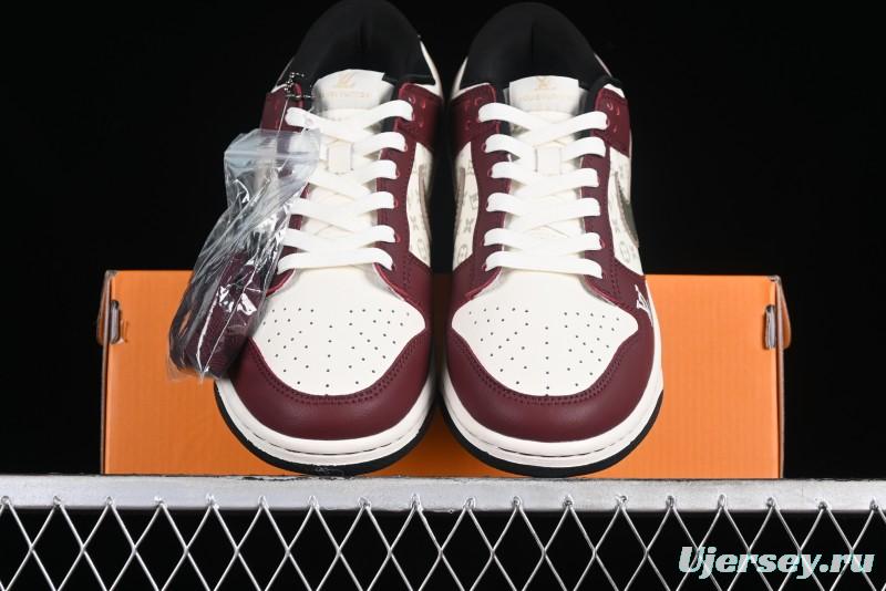 Louis Vuitton x Nike Dunk Low Customized Sneakers - Burgundy with Silver Swoosh SB Low Top Casual Skate Shoes - FC1688-188