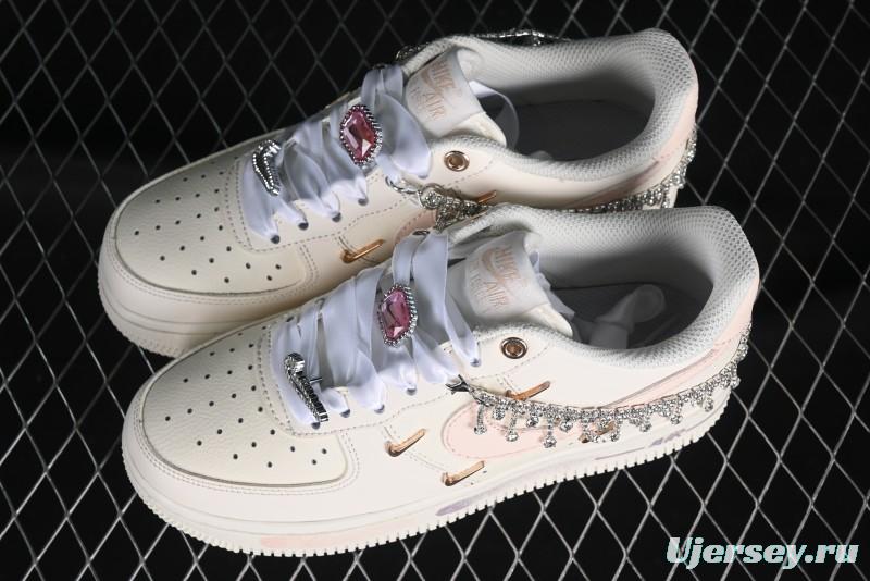 Nike Air Force 1 '07 Low Casual Sneakers in Romantic Pink-Purple with Diamond Chain Accessories - FV1122-333