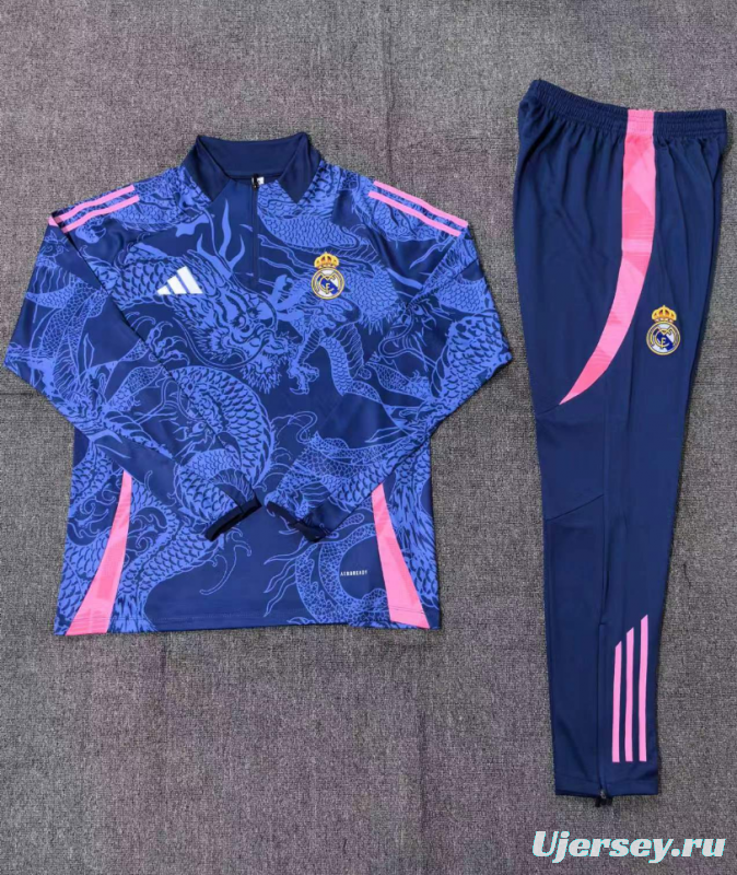 24/25 Kids Real Madrid Navy Dragon Half Zipper Jacket+Long Pants