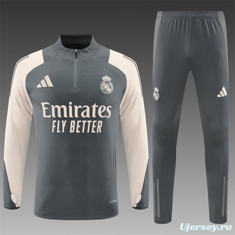 24/25 Real Madrid Grey/Khaki Half Zipper Jacket+Long Pants