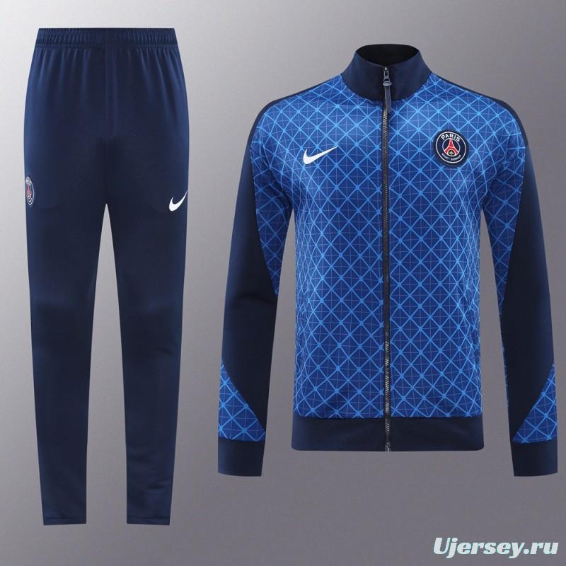 24/25 PSG Blue Grid Pattern Full Zipper Jacket +Long Pants