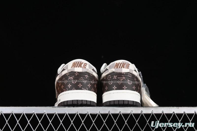 Nike SB Dunk Low LV Collaboration - Checkerboard Brown Monogram White Swoosh Anniversary High-End Custom Low-Top Casual Skate Shoes - SJ2068-255