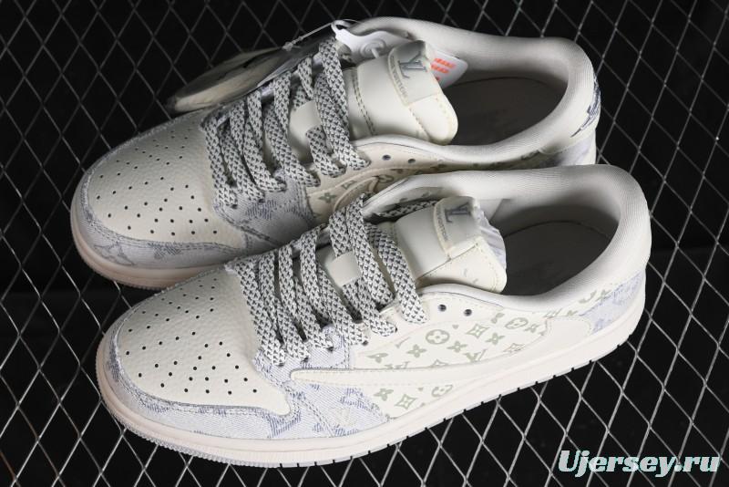 Nike Air Jordan 1 Low OG SP Travis Scott x Fragment Design LV Washed Blue Denim Casual Sneakers - SJ2068-007