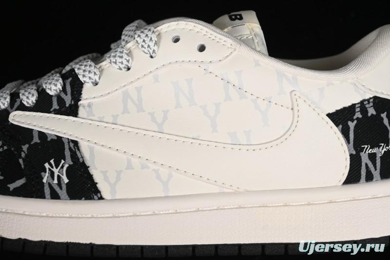 Nike Travis Scott x Fragment Design x Air Jordan 1 Low OG SP AJ1 MLB Collaboration - NY Black Print Low Top Casual Sneakers SJ2068-104