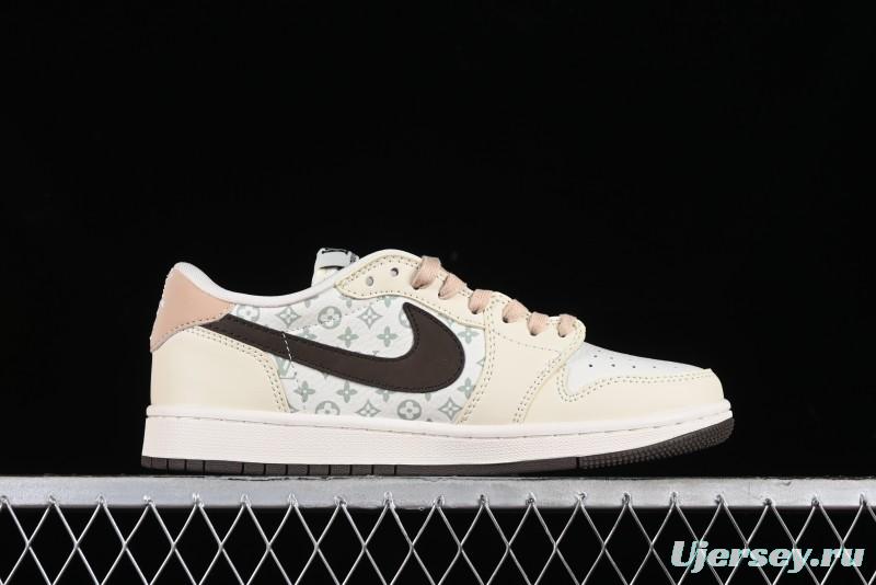 Nike Travis Scott x Fragment Design x Jordan Air Jordan 1 Low OG SP AJ1 LV Beige Brown Print Casual Sneakers - LJ5188-006