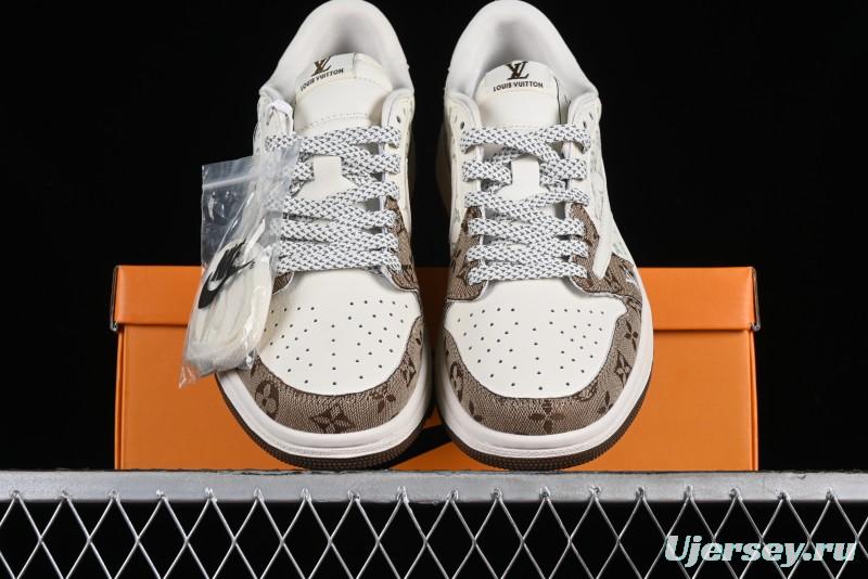 Nike Travis Scott x Fragment Design x Jordan Air Jordan 1 Low OG SP AJ1 LV Light Brown Print Casual Sneakers - SJ2068-102
