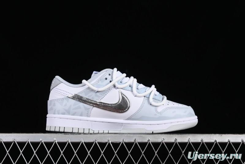 Nike Dunk Low Retro SB Casual Skate Shoes in Light Grey Blue with Silver Swoosh and Deconstructed Straps - HF0730-160