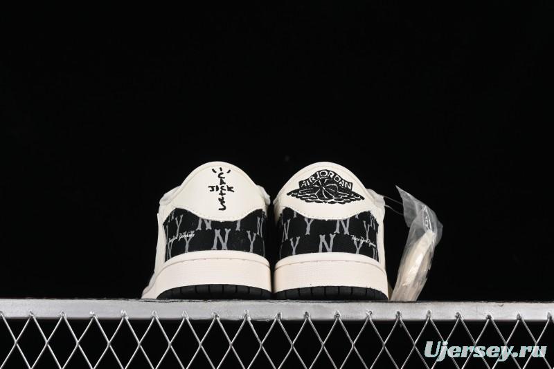 Nike Travis Scott x Fragment Design x Air Jordan 1 Low OG SP AJ1 MLB Collaboration - NY Black Print Low Top Casual Sneakers SJ2068-104