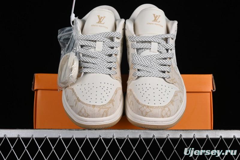 Nike Air Jordan 1 Low LV Collaboration Denim Khaki Customized Casual Sneakers - SJ9950-002