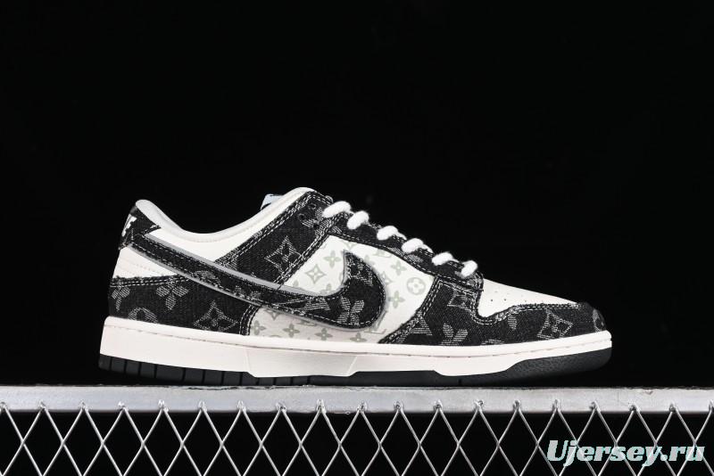 Nike SB Dunk Low LV Collaboration - Black Denim Print Anniversary Custom Low-Top Casual Sneakers - SJ2068-256