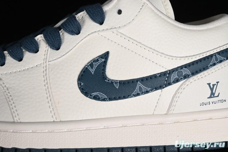 Nike Air Jordan 1 Low LV Collaboration - White with Blue Swoosh Custom Casual Sneakers - WG8850-005