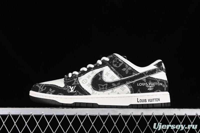 Nike SB Dunk Low LV Collaboration - Black Denim Print Anniversary Custom Low-Top Casual Sneakers - SJ2068-256