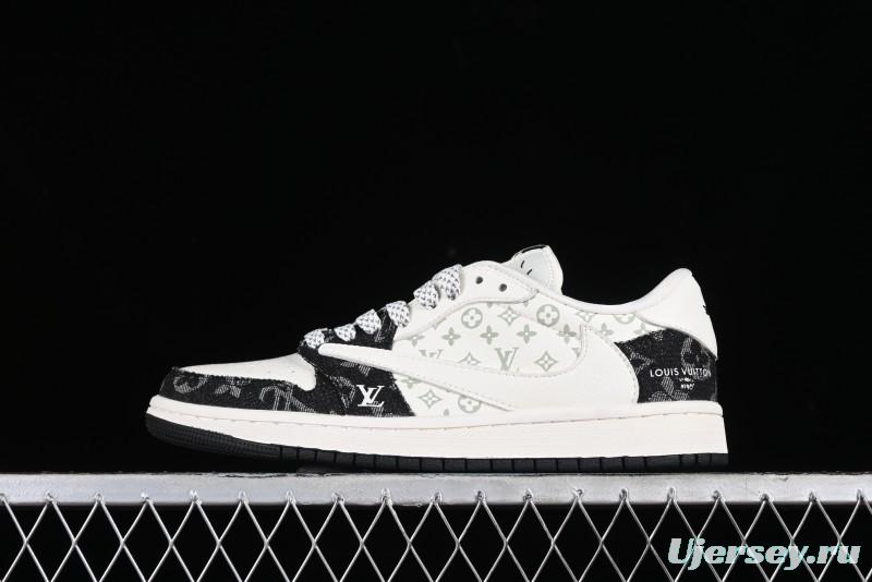 Nike Travis Scott x Fragment Design x Jordan Air Jordan 1 Low OG SP AJ1 LV Black Denim Print Low-Top Casual Sneakers - SJ2068-008