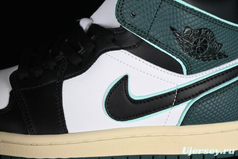 Nike Air Jordan 1 Mid AJ1 Snake Black Green Toe Mid-Top Basketball Shoes - FQ7818-100