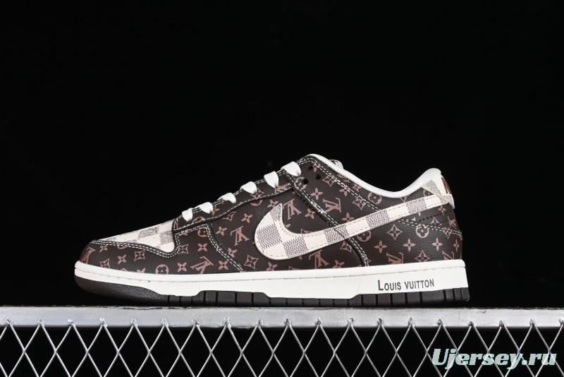 Nike SB Dunk Low LV Collaboration - Checkerboard Brown Monogram White Swoosh Anniversary High-End Custom Low-Top Casual Skate Shoes - SJ2068-255