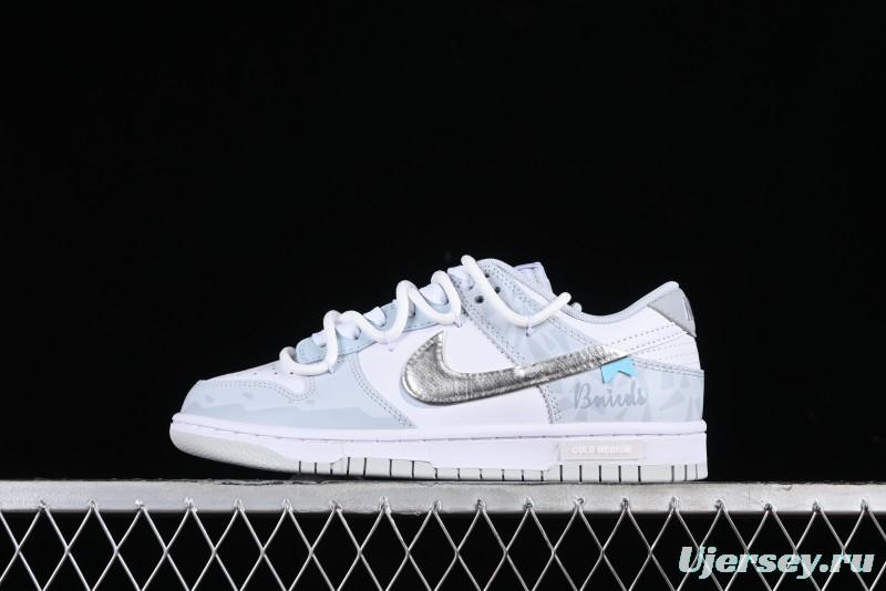 Nike Dunk Low Retro SB Casual Skate Shoes in Light Grey Blue with Silver Swoosh and Deconstructed Straps - HF0730-160