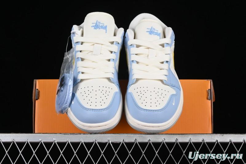 Nike Air Jordan 1 Low Stussy Collaboration - Blue Gold Custom High-End Basketball Shoes - WG8850-007