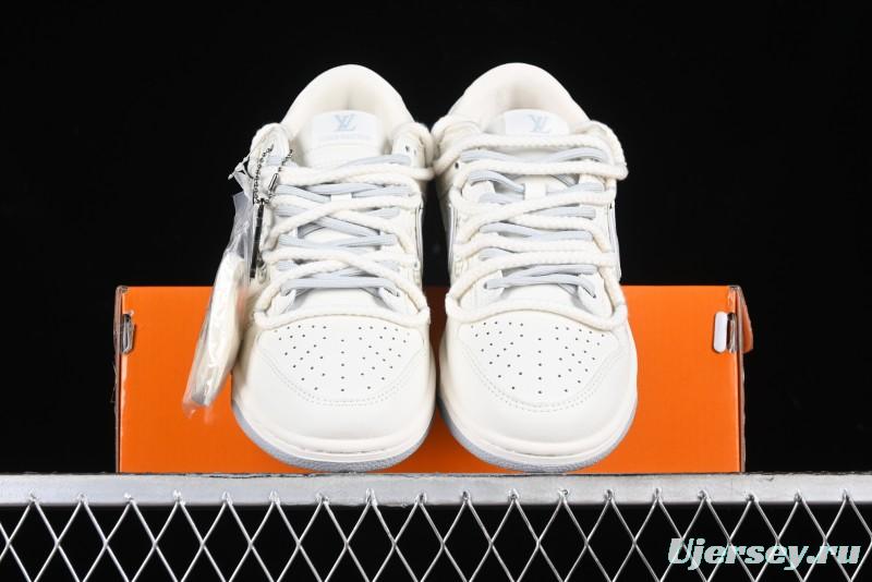 Nike SB Dunk Low LV Collaboration Strap White Grey Check Anniversary High-End Custom Low-Top Casual Skate Shoes - SJ2068-245