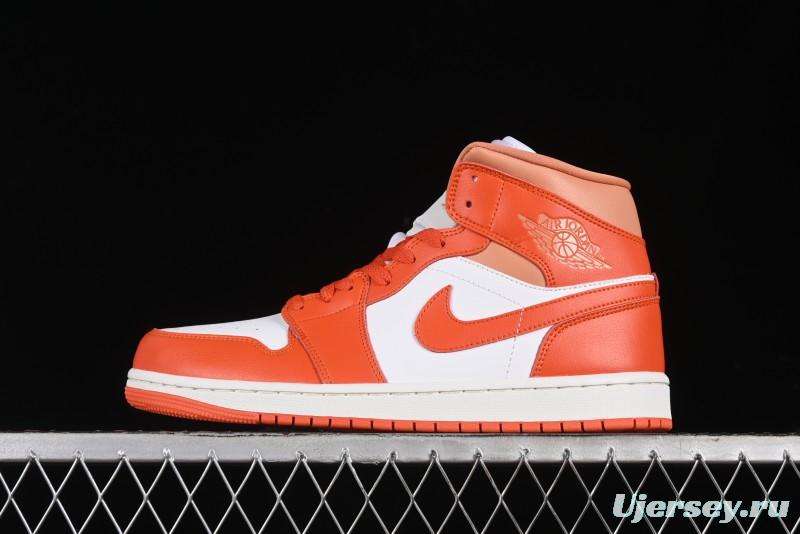 Nike Air Jordan 1 Mid Basketball Shoes in White and Orange Colorway - BQ6472-108