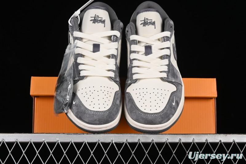 Nike Air Jordan 1 Low AJ1 Stussy Collaboration - Grey Pigskin Custom Low-Top Basketball Shoes - SJ9950-010