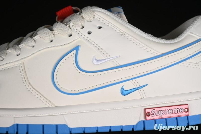 Nike SB Dunk Low Supreme Collaboration - Cream White with Sky Blue Swoosh Anniversary Customized Low-Top Casual Skate Shoes - DJ2024-012