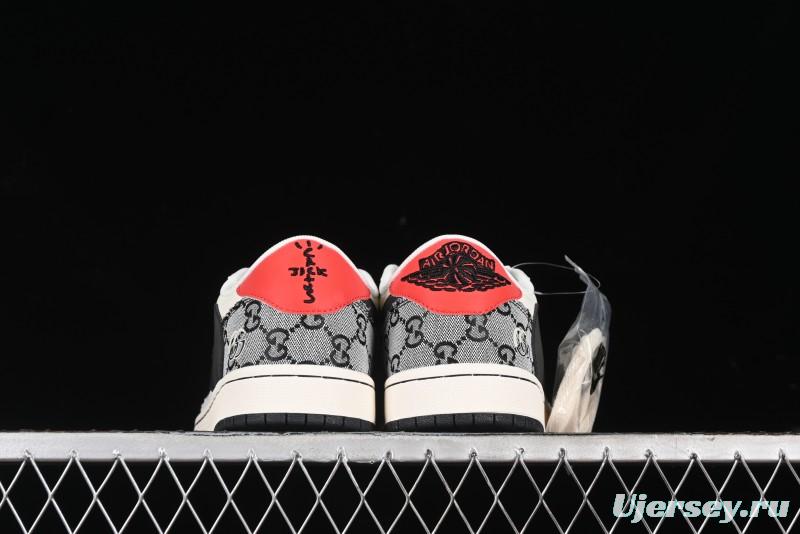 Nike Travis Scott x Fragment Design x Air Jordan 1 Low OG SP AJ1 Gucci Collaboration - Black Grey Pattern Low Top Casual Sneakers - XY2688-117