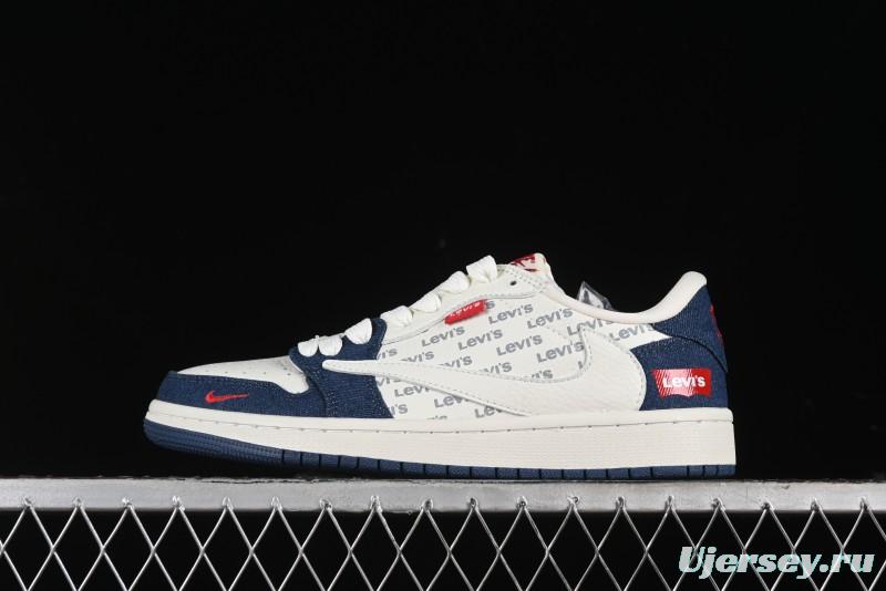 Nike Travis Scott x Fragment Design x Air Jordan 1 Low OG SP AJ1 Levi's Collaboration - White Blue Canvas Low Top Casual Sneakers - JH6088-605