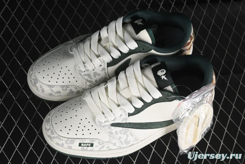 Nike Travis Scott x Fragment Design x Air Jordan 1 Low OG SP AJ1 Bape Collaboration - Camo Green Low Top Casual Sneakers - JH6088-614