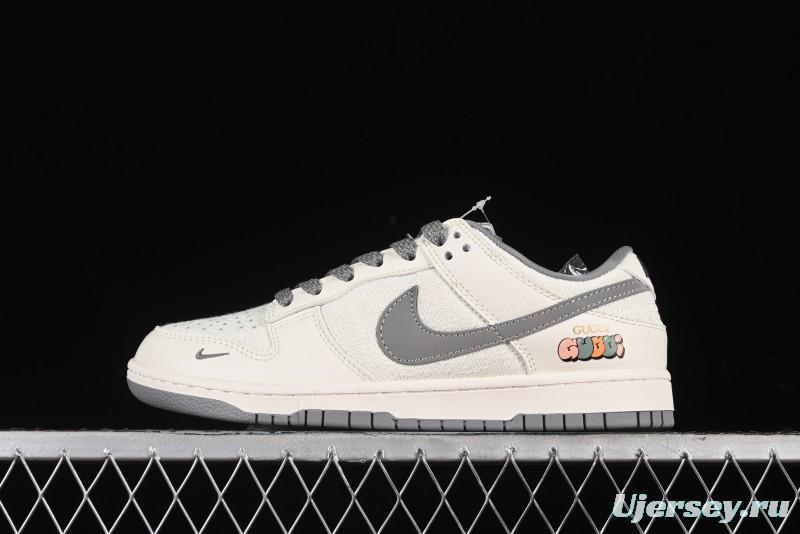 Nike SB Dunk Low Gucci Collaboration Anniversary High-End Custom Sneakers in Off-White & Dark Gray Swoosh - DQ1098-383