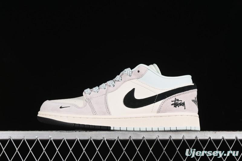 Nike Air Jordan 1 Low Stussy Collaboration - Black Blue Pigment Patchwork Retro Basketball Shoes - LJ6688-008