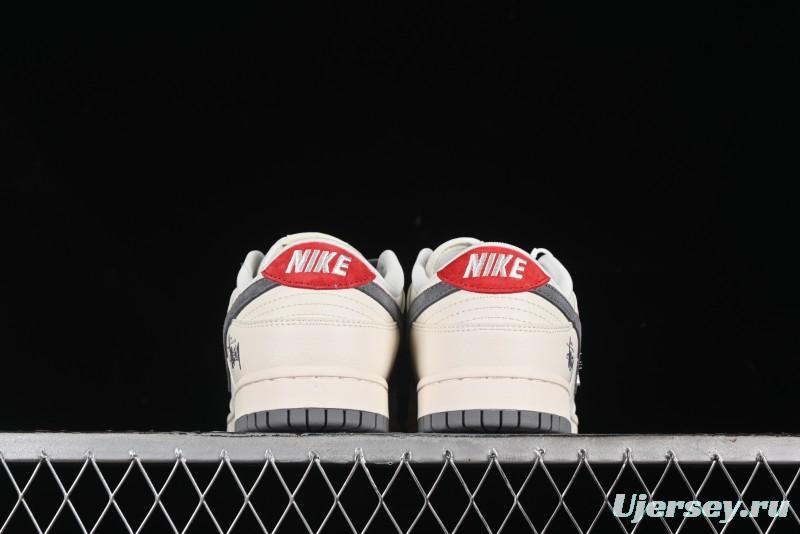 Nike SB Dunk Low Stussy Collaboration - Grey Pigskin Red Tail Anniversary High-End Custom Low-Top Casual Skate Shoes - XY2025-015