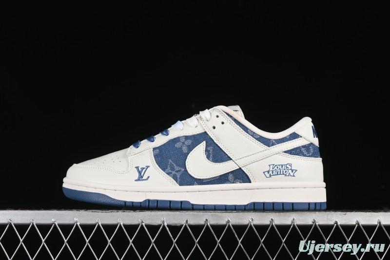 Nike SB Dunk Low LV Collaboration - Beige Blue Print Anniversary High-End Custom Low-Top Casual Skate Shoes - JH8310-954