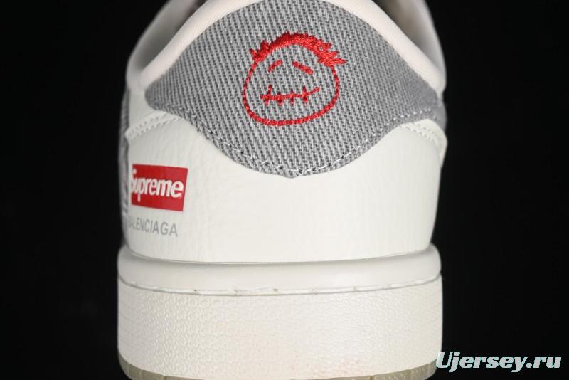 Nike Travis Scott x Fragment Design x Air Jordan 1 Low OG SP AJ1 Supreme Collaboration - Light Grey Denim Two-Tone Low-Top Casual Sneakers - JH6088-705