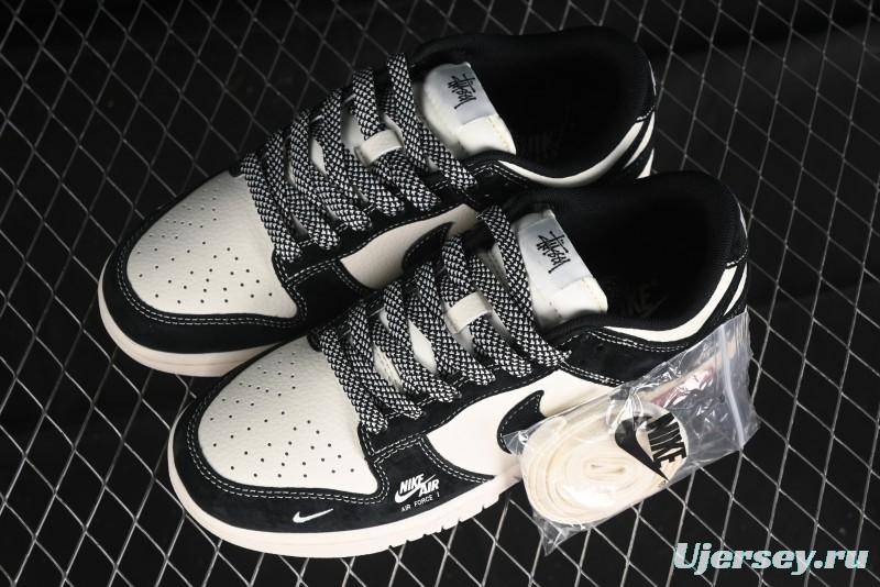 Nike SB Dunk Low Supreme x Stussy Triple Collaboration - Black White Black Swoosh Anniversary Custom Low Top Casual Skate Shoes - SJ2068-300