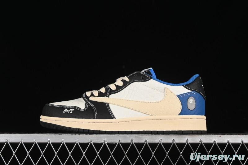 Nike Travis Scott x Fragment Design x Air Jordan 1 Low OG SP AJ1 Bape Collaboration - Crocodile Leather Black White Blue Low Top Casual Sneakers - XZ2828-001
