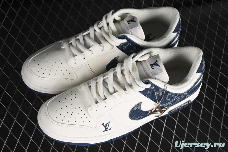 Nike SB Dunk Low LV Collaboration - Dark Blue Denim White Blue Swoosh Anniversary High-End Custom Low-Top Casual Sneakers - DJ2024-008