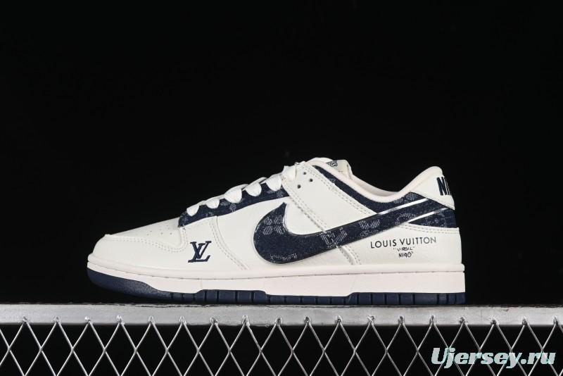 Nike SB Dunk Low LV Collaboration - Denim Print Swoosh Anniversary High-End Custom Low-Top Casual Skate Shoes - XB3802-360