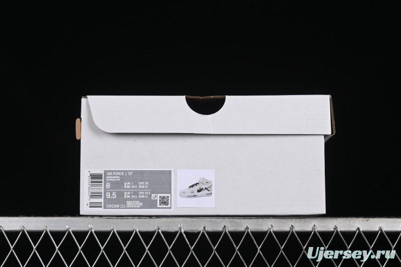 Nike Air Force 1 '07 Mid Casual Sneakers in White/Grey/Black with Hand-Painted Cracked Swoosh Shadow Detail - CW2289-111